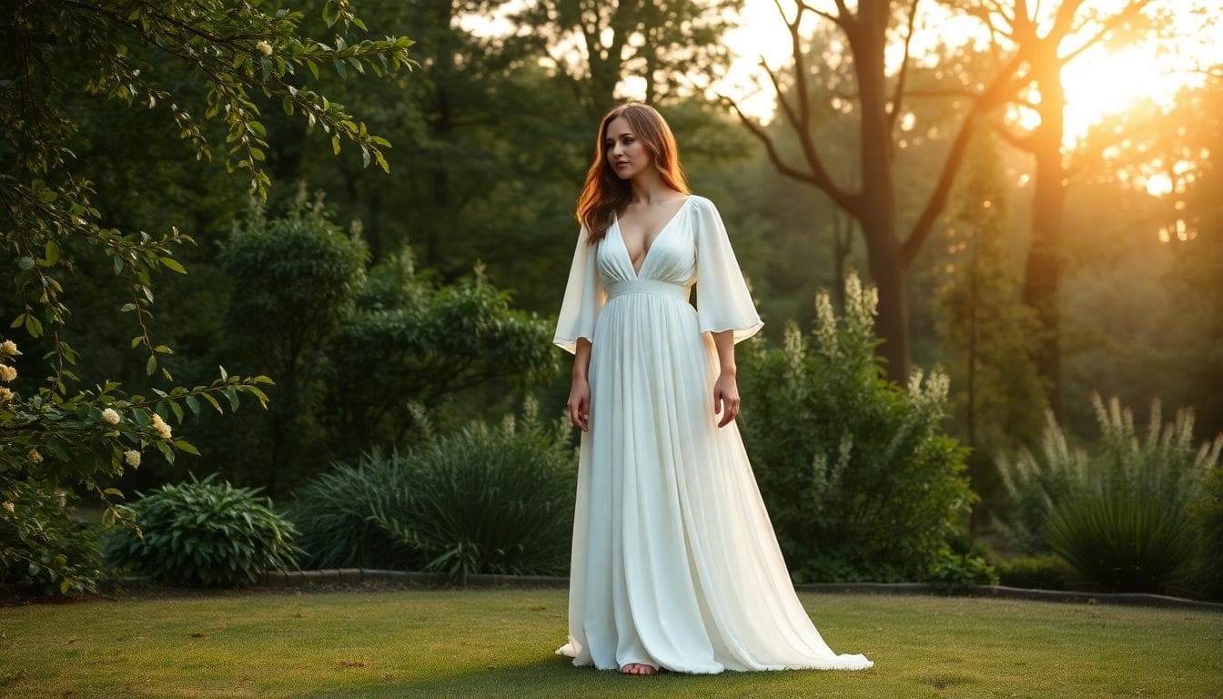 Mariée en silhouette O, robe fluide en crêpe et mousseline, V profond, manches légères, taille empire évasée, fente discrète, longueur frôlant le sol