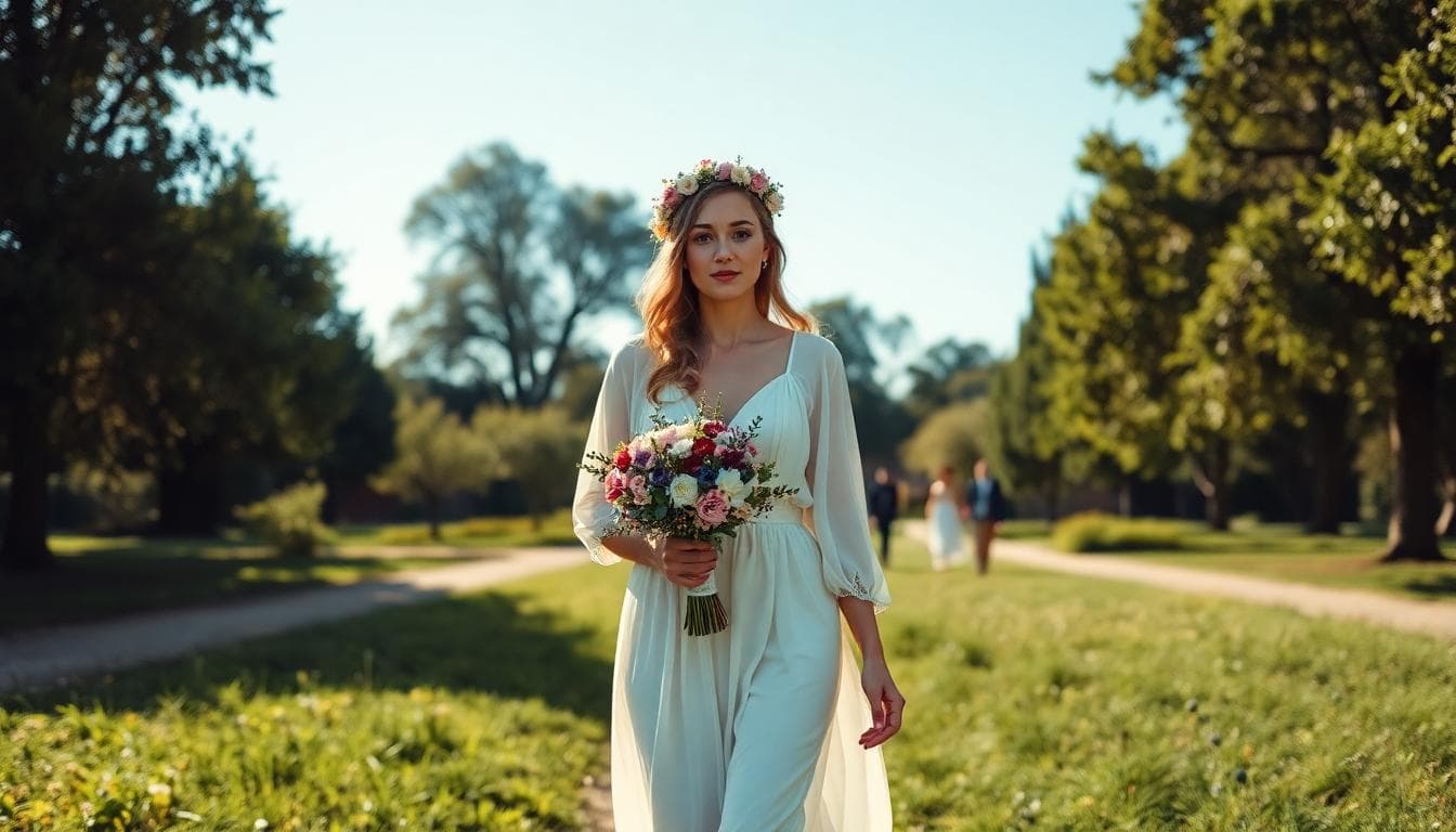 Mariée bohème marchant seule dans un jardin français, atmosphère romantique et libre. Image created with AI