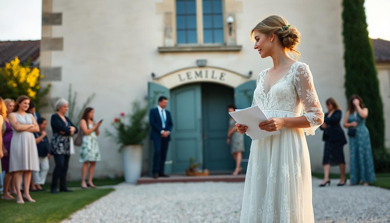 Mariée bohème avec un petit agenda devant la mairie, ambiance sereine du matin. Image created with AI