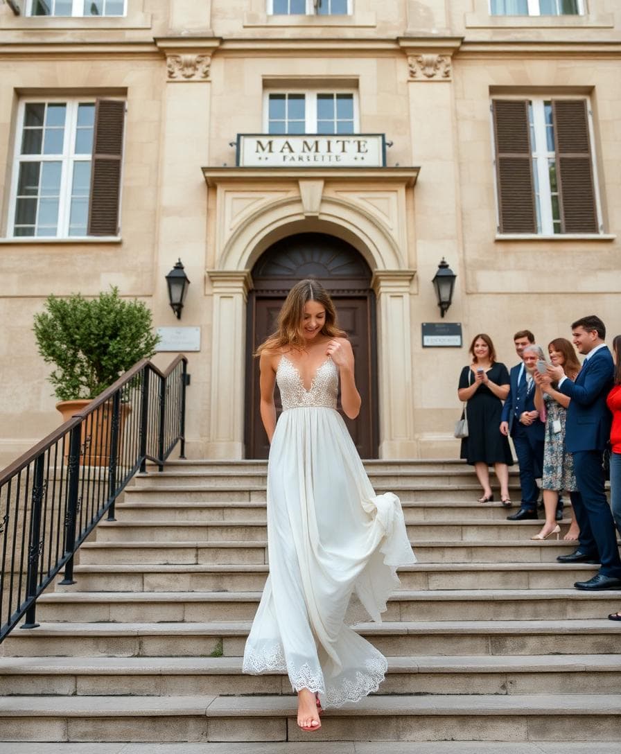 Mariée bohème montant les marches d’une mairie, robe courte fluide avec dentelle, ambiance joyeuse. Image created with AI