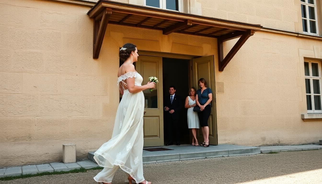 Une mariée en robe bohème fluide et légère, avec des détails en dentelle et fleurs sauvages, debout à l'extérieur d'une mairie française classique, échangeant des vœux avec son partenaire en tenue décontractée, un officier d'état civil à côté, petit groupe de proches en arrière-plan, jour ensoleillé, architecture traditionnelle, ambiance romantique et officielle mais avec une touche naturelle, style réaliste, couleurs chaudes et pastels, haut niveau de détail, sans texte, ratio d'aspect paysage.