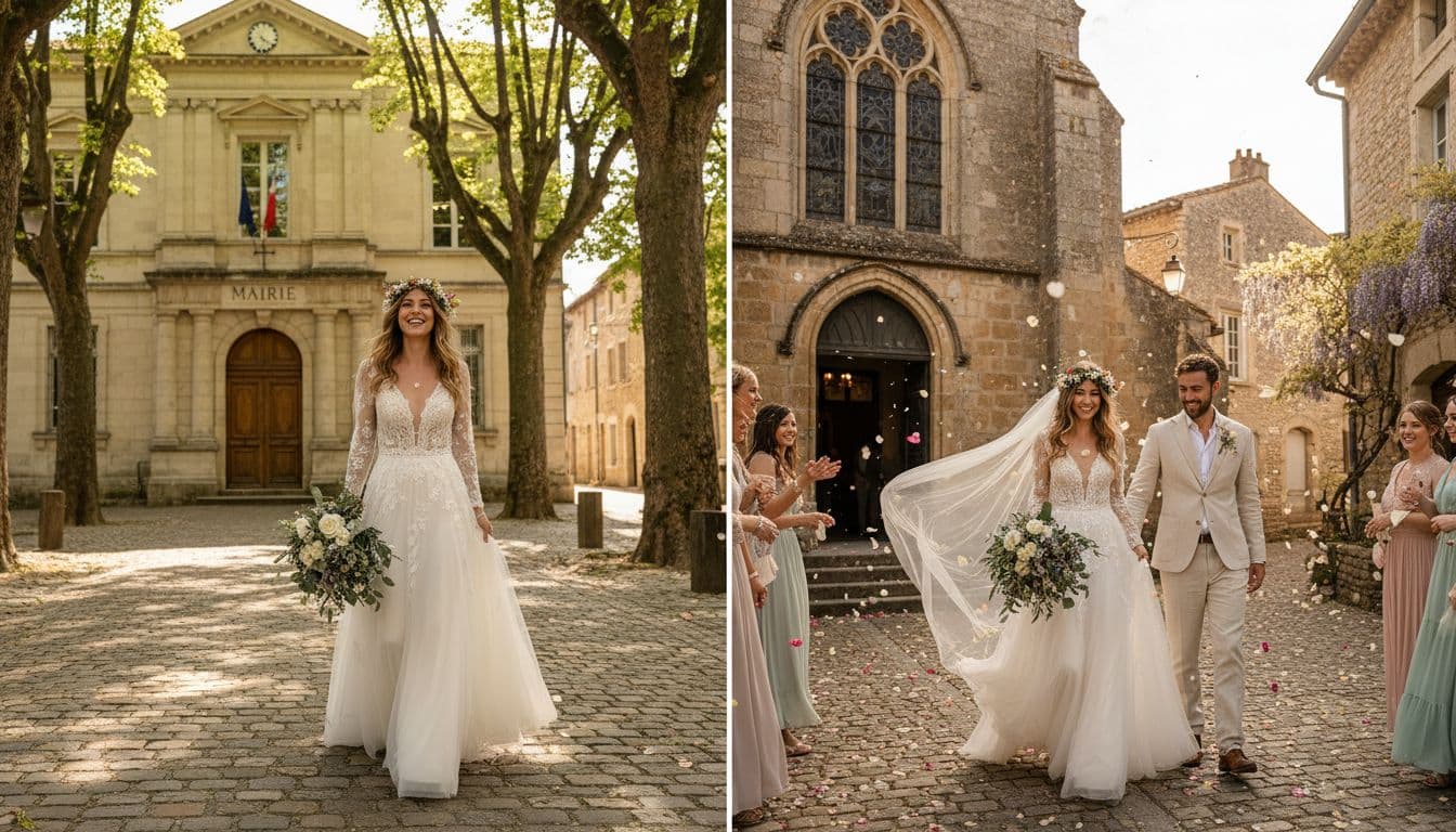 Mariée bohème passant de la mairie à l'église dans un village français, lumière douce et ambiance romantique
