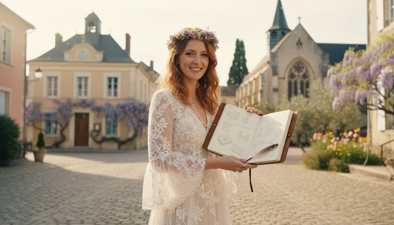 Mariée bohème dans un village français tenant un carnet de check-list, mairie et église en arrière-plan