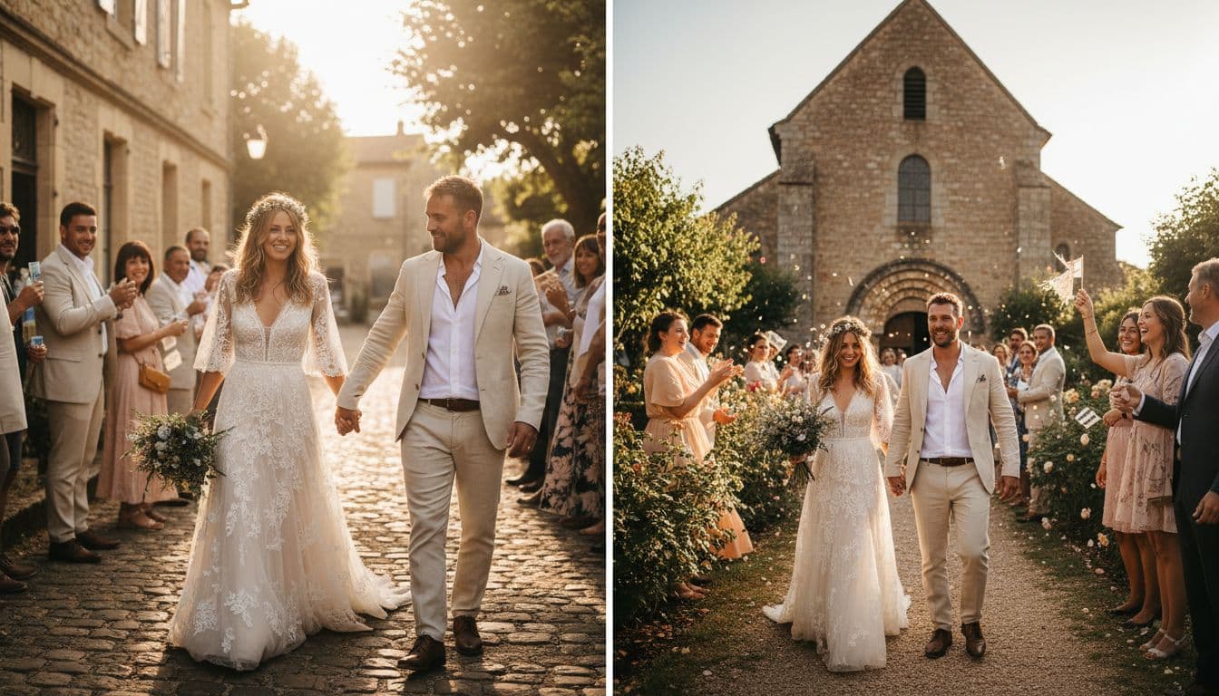 Mariée bohème, mairie le matin puis église l’après-midi dans un village français, ambiance naturelle et joyeuse