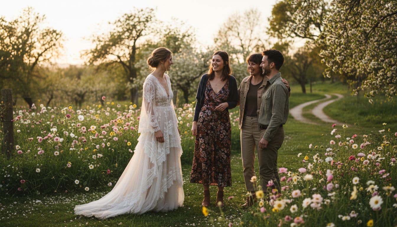 Mariée bohème discutant avec ses proches dans un jardin au coucher du soleil
