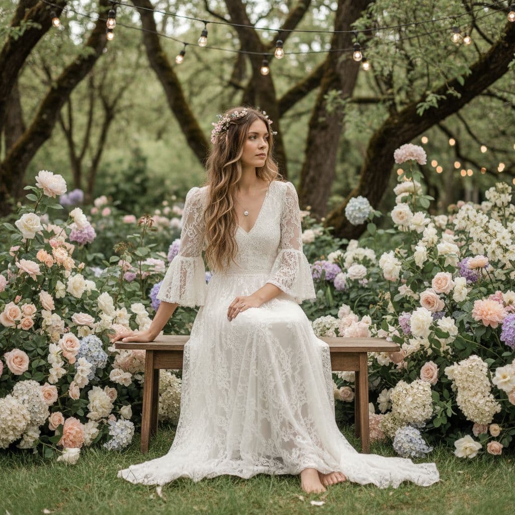 Mariée bohème pensive assise dans un jardin fleuri, robe fluide en dentelle ivoire, ambiance douce et romantique