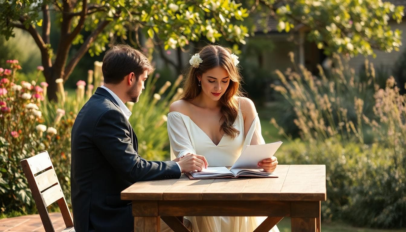 Future mariée bohème discutant d’un document avec son partenaire dans un jardin fleuri