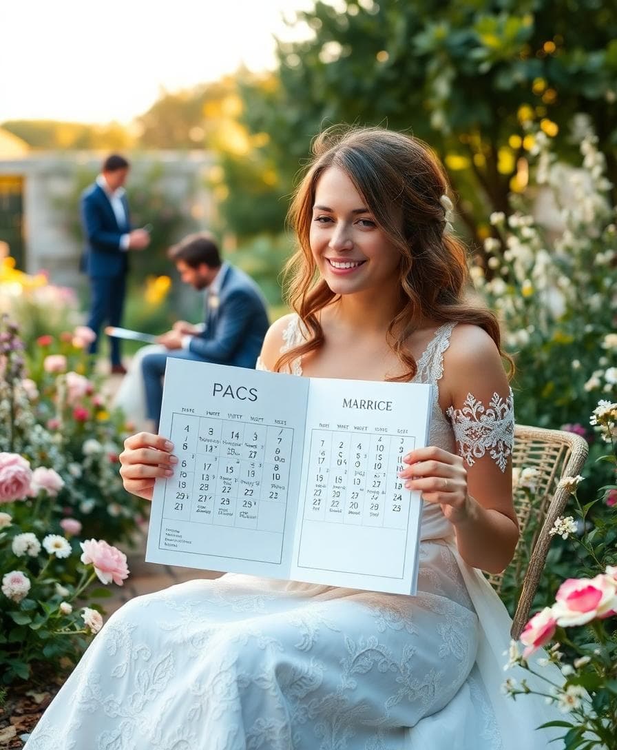 Mariée bohème planifiant ses congés PACS et mariage avec un calendrier dans un jardin fleuri