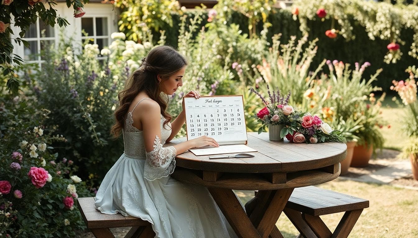 Mariée bohème planifiant ses jours de congé autour d’un calendrier dans un jardin fleuri