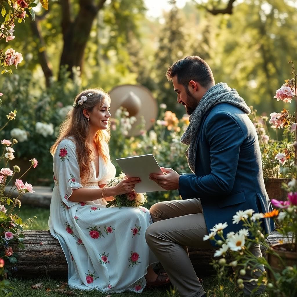Couple bohème avec un notaire, échange serein autour d’un contrat de mariage dans un jardin fleuri