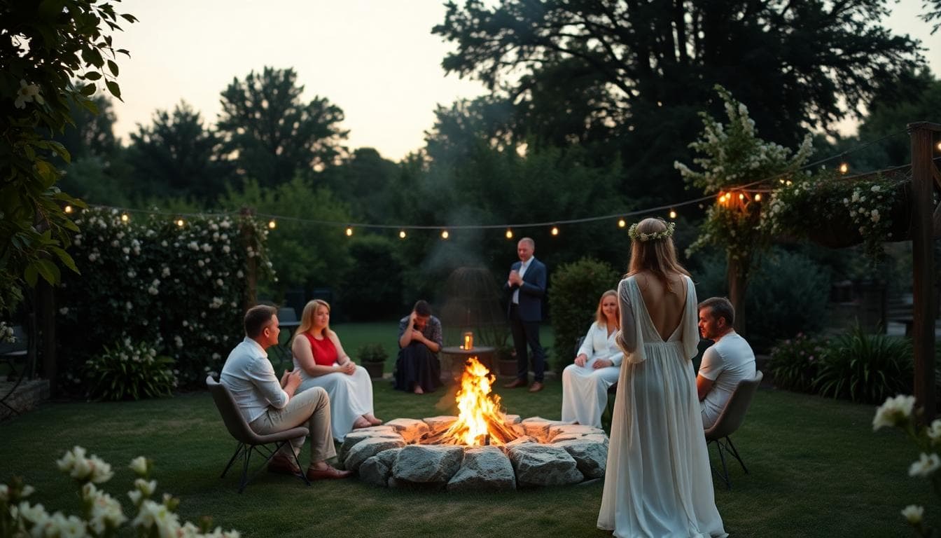 Mariée bohème au crépuscule de juin avec un feu de joie discret entouré de bougies dans un jardin verdoyant