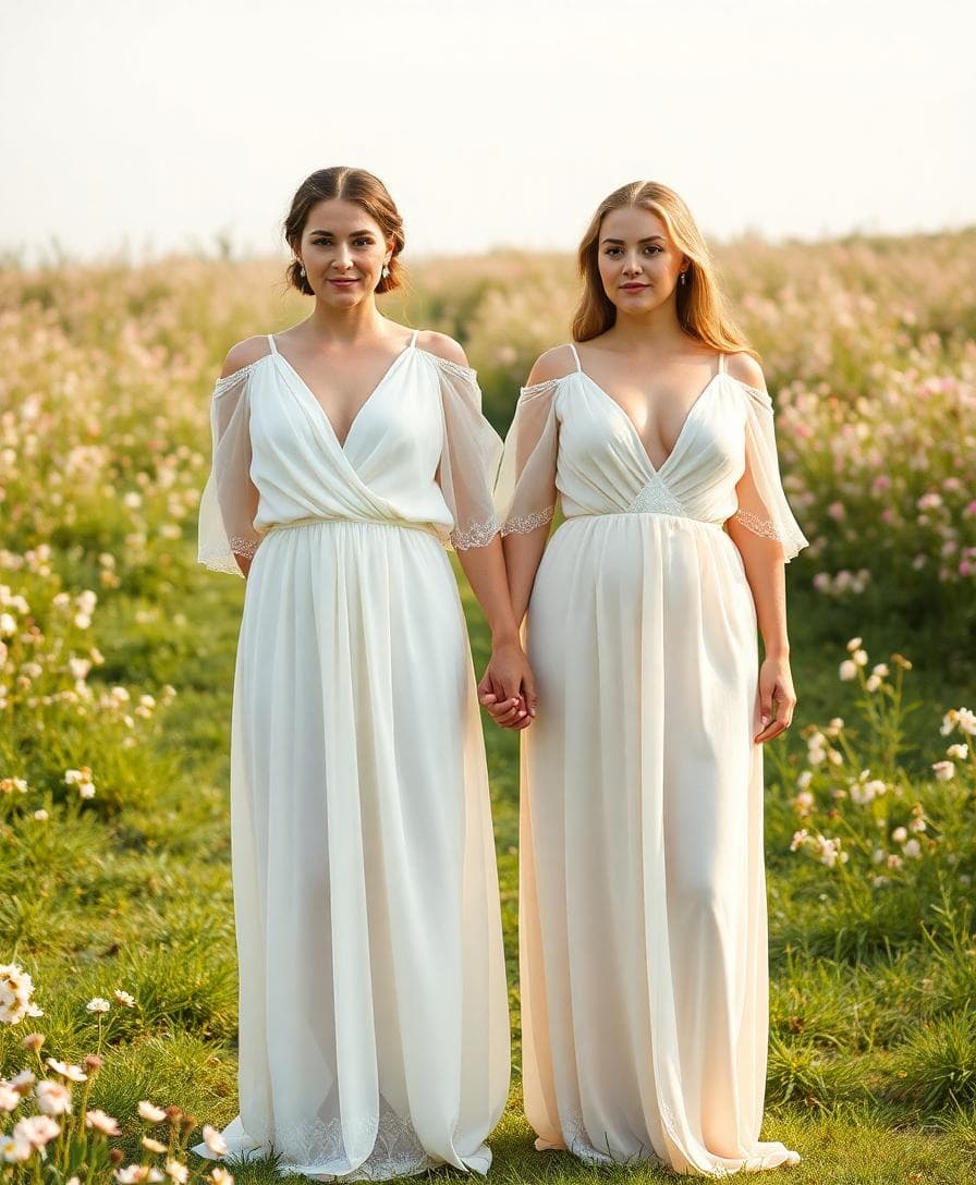 Mariée morphologie en H en robes bohèmes adaptées à différentes poitrines, détails de drapés au buste et V modéré, champ fleuri, lumière douce