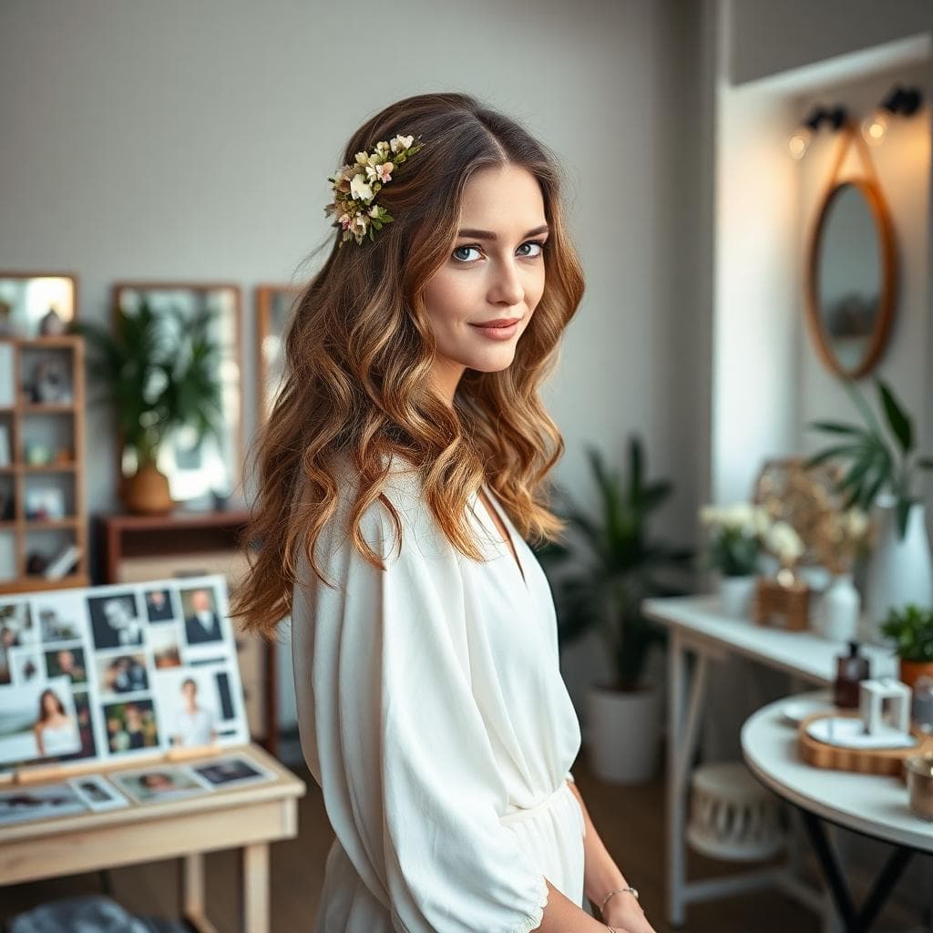 Essai coiffure bohème en salon, demi-attache wavy avec fleurs séchées, moodboard et accessoires sur table