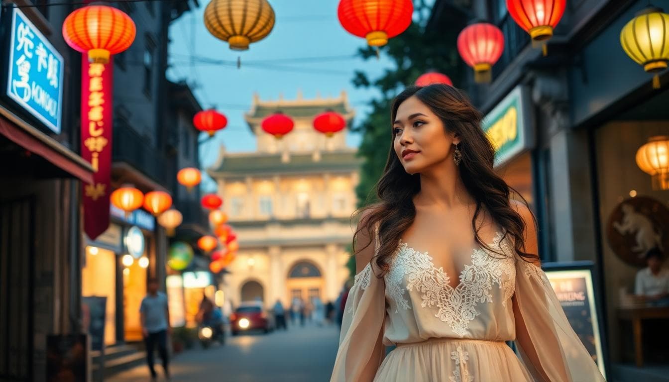 Mariée bohème dans les rues de Hanoï, lanternes colorées et ambiance urbaine au crépuscule