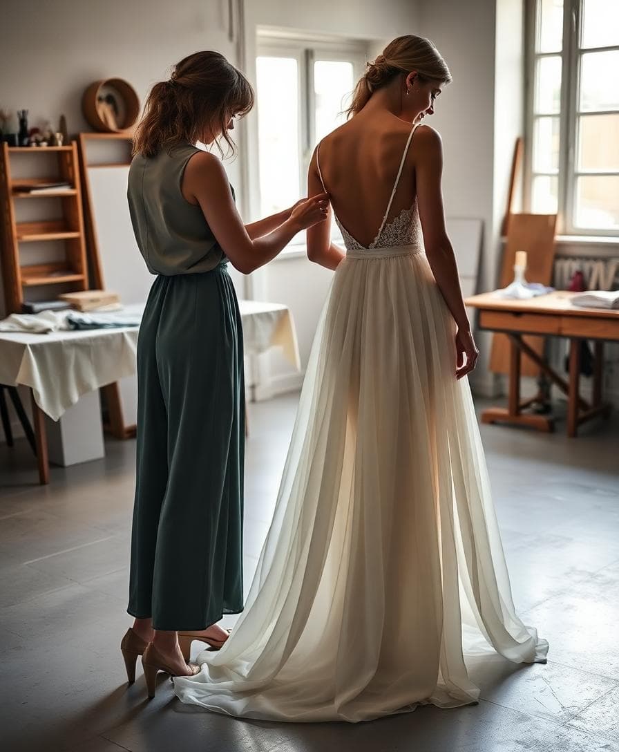 Ajustement de l’ourlet d’une robe de mariée bohème dans un atelier, amie qui marque la longueur au niveau du pied, ambiance douce et précise