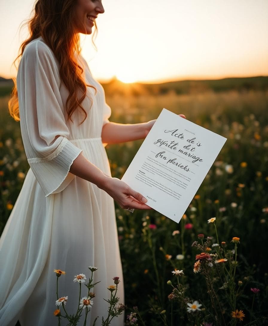 Mariée bohème tenant un acte de mariage, ambiance nature et lumière dorée