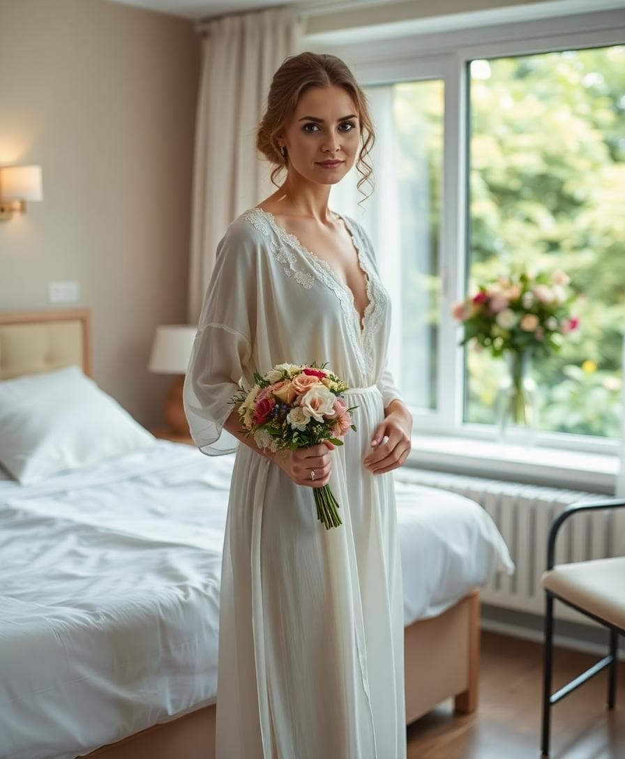 Mariée en robe bohème fluide, simple et confortable, adaptée à une cérémonie intime en chambre