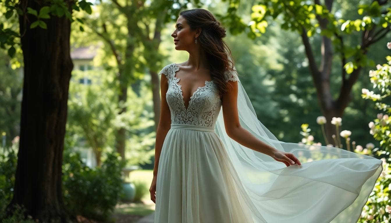 Mariée silhouette en 8 avec corsage structuré en dentelle, jupe fluide en crêpe, décolleté en cœur et manches élégantes, dans un jardin boisé