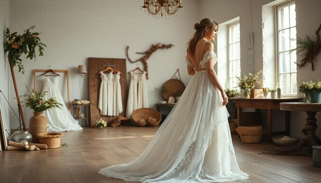 Mariée bohème lors d’un essayage en atelier, robe fluide en dentelle et ambiance naturelle