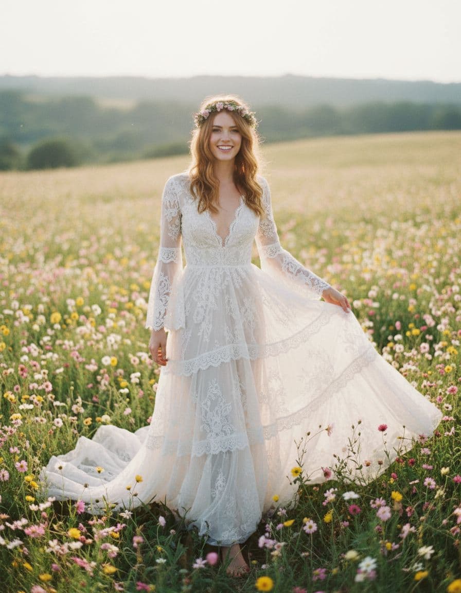 Future mariée bohème, robe fluide en dentelle fine, dans un champ fleuri, ambiance douce et confiante
