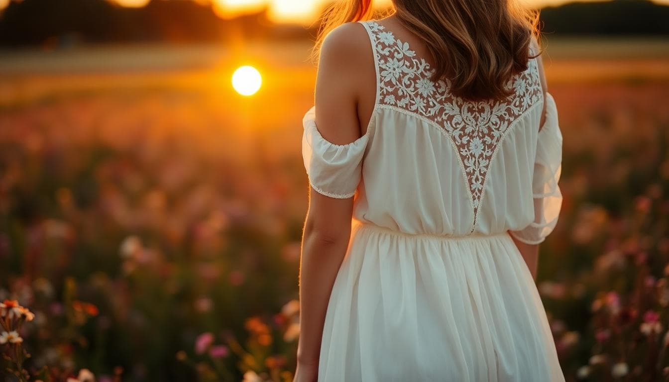 Mariée bohème dans un champ fleuri, fixant une traîne amovible au coucher du soleil. Image created with AI