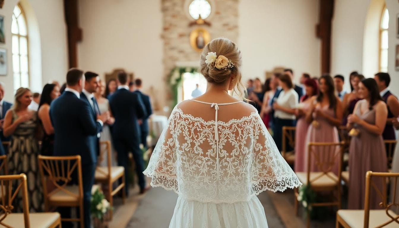 Mariée bohème avec étole en dentelle à la cérémonie puis au cocktail, ambiance élégante, intérieur rustique et extérieur en lumière dorée