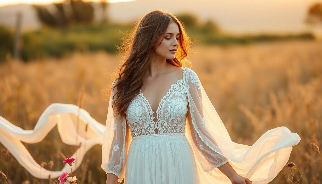 Mariée bohème fluide en dentelle, ambiance champêtre au coucher du soleil