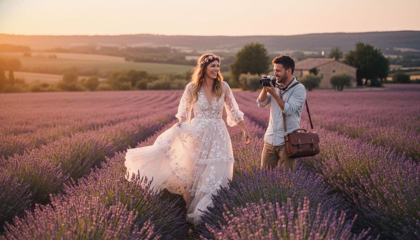Mariée bohème avec son photographe local au coucher du soleil dans un champ de lavande, ambiance douce et complice