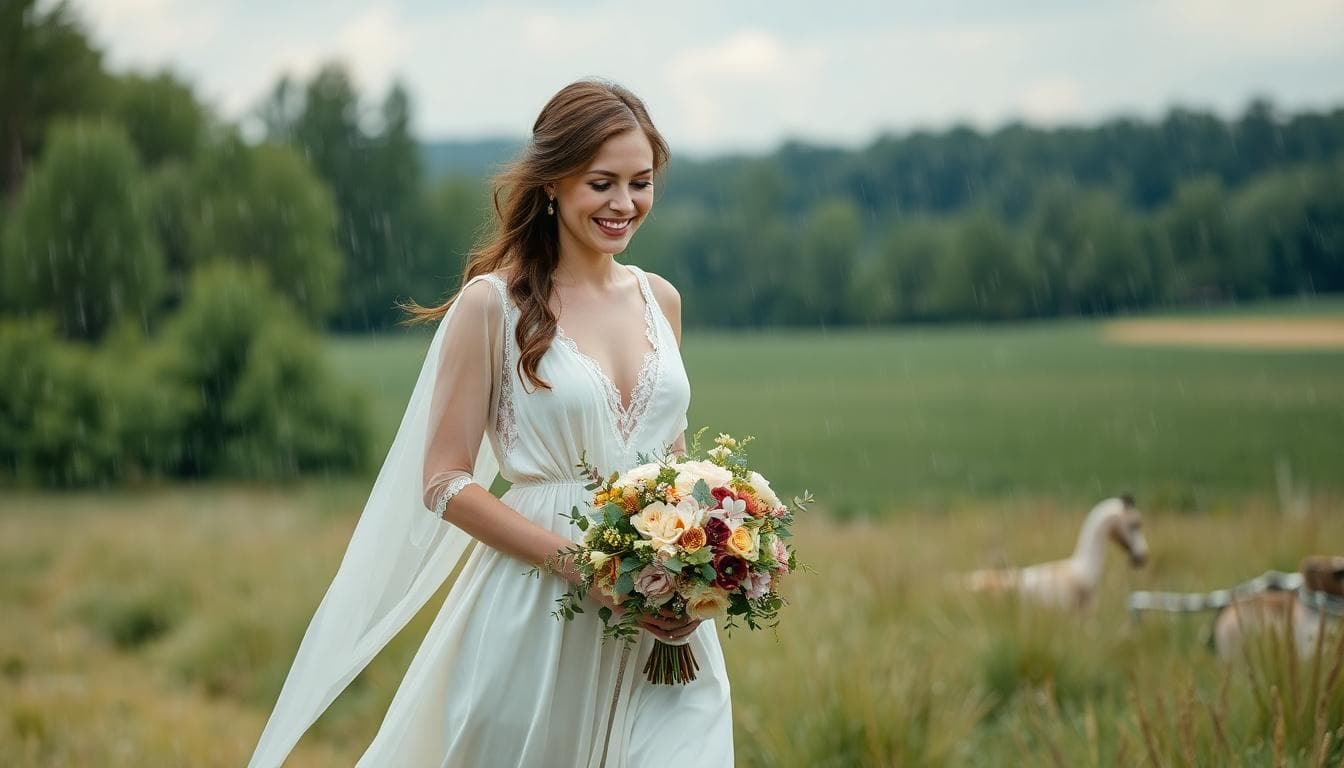 AI image of a bohemian bride walking in light rain in a green meadow, holding a bouquet of wildflowers, with soft lace details visible.
