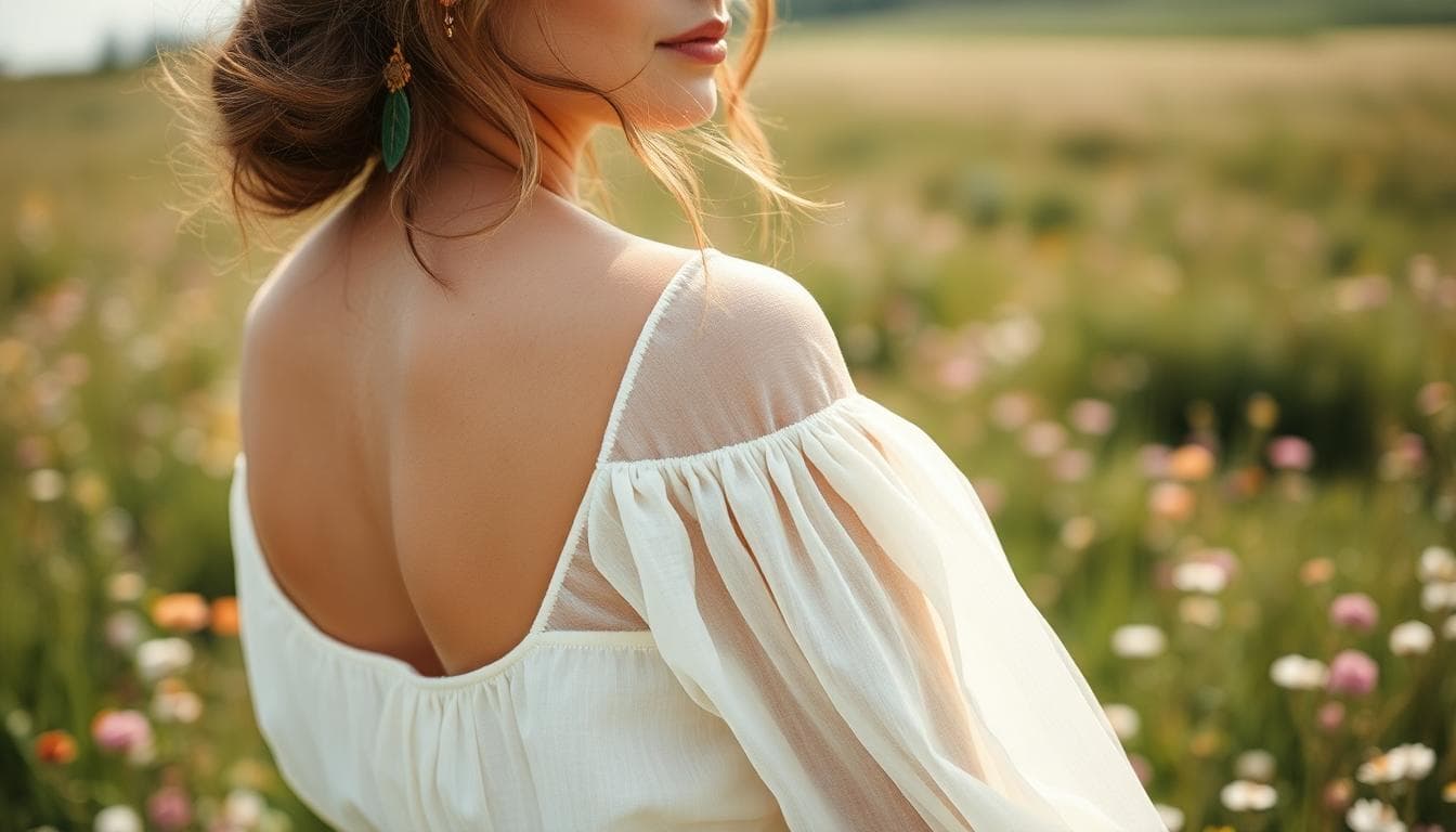 Mariée bohème avec étole en lin texturé, pose détendue dans un champ fleuri, lumière naturelle et ambiance douce