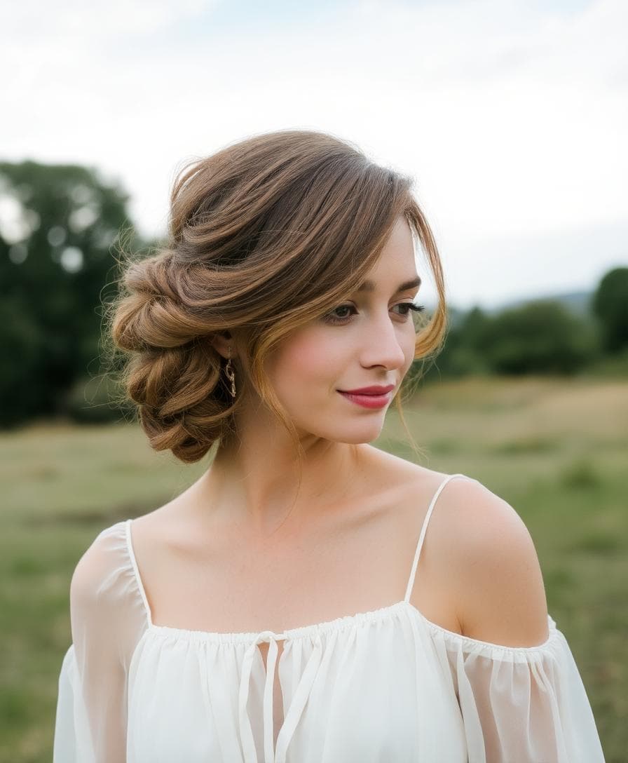 Mariée bohème au chignon bas flou torsadé, nuque dégagée et mèches libres