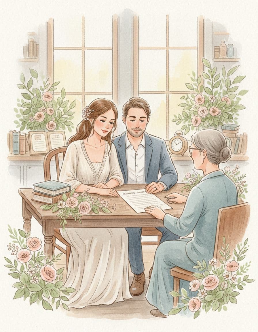 Illustration aquarelle d’un couple chez le notaire, la future mariée en robe bohème, en train de relire un contrat de mariage. Image created with AI