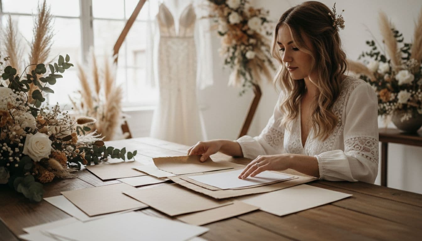 Échantillons de papiers naturels, coton, vergé et kraft examinés par une future mariée dans un atelier lumineux
