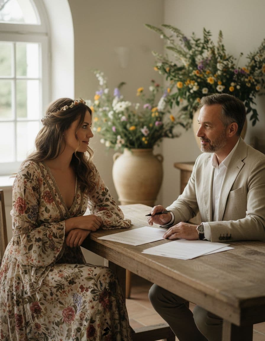 Future mariée bohème en rendez-vous avec un notaire, documents de changement de régime matrimonial sur la table, ambiance douce et naturelle.