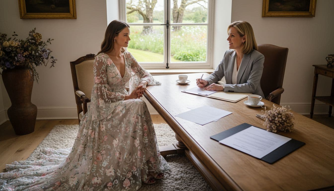 Future mariée bohème en discussion avec un notaire, documents de contrat de mariage sur la table, lumière naturelle et ambiance douce.