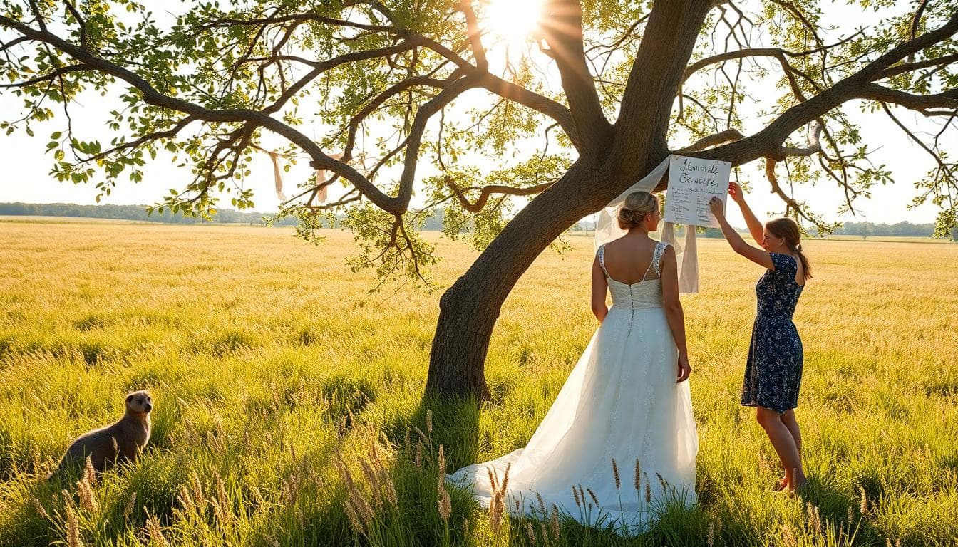 Mariée bohème tenant des rubans clairs, invités accrochant des vœux de paix à un arbre en juillet, lumière douce de fin d’après-midi