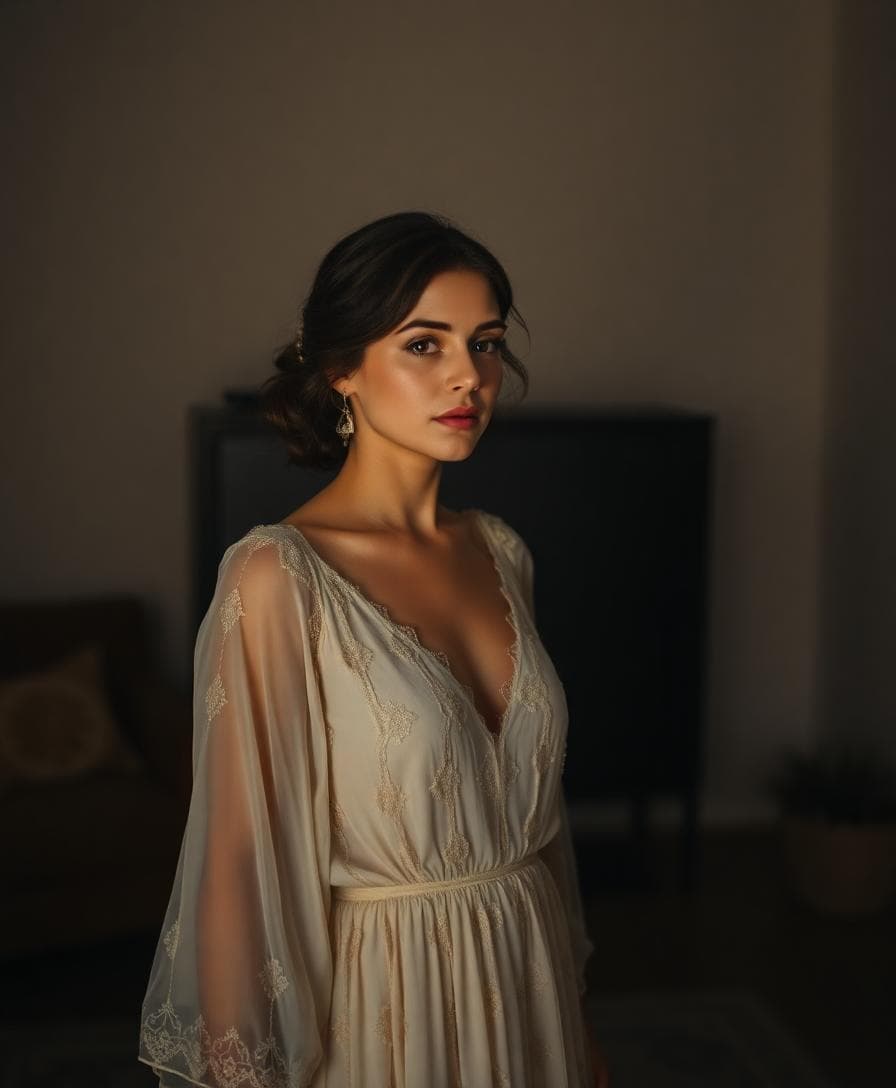 Mariée bohème pensive dans une pièce sombre, lumière douce, émotion de doute et de réflexion