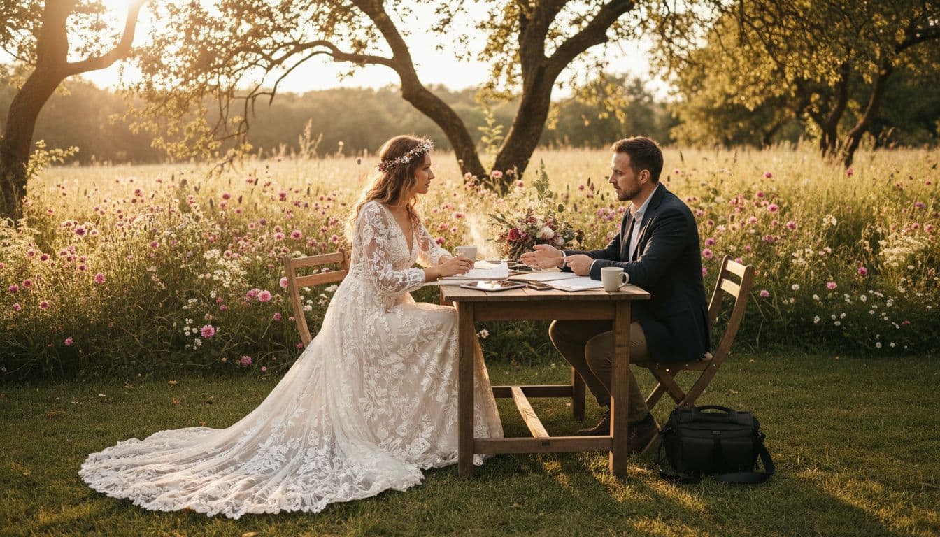 Mariée bohème examinant un contrat avec un photographe dans un jardin au coucher du soleil, ambiance douce et naturelle