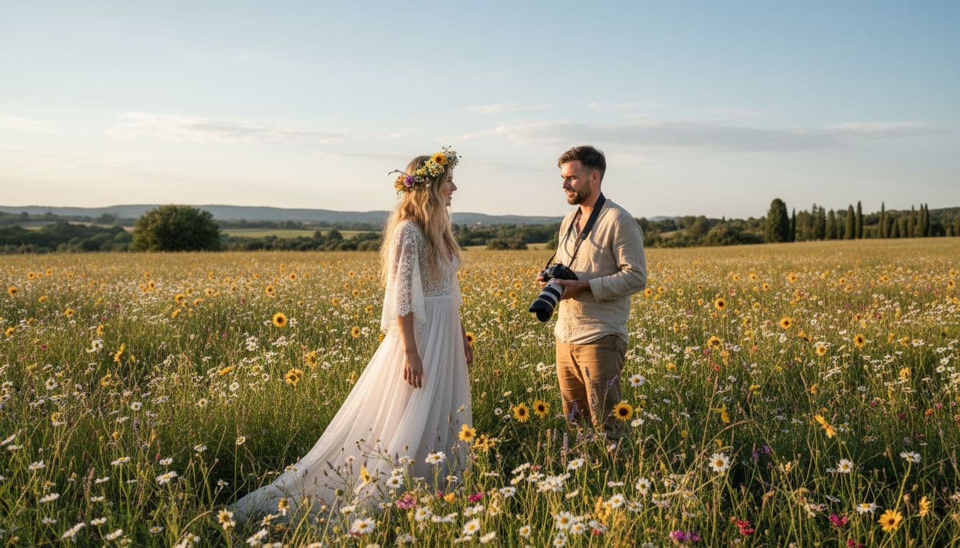 Mariée bohème discutant avec un photographe au coucher du soleil dans un champ de fleurs en Provence