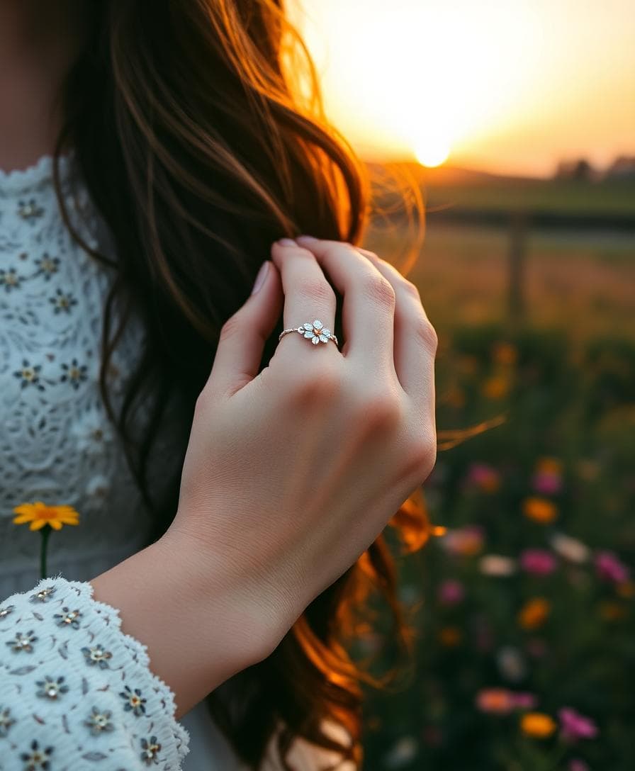 Main de mariée portant une bague fine à l’auriculaire droit, ambiance champêtre au coucher du soleil