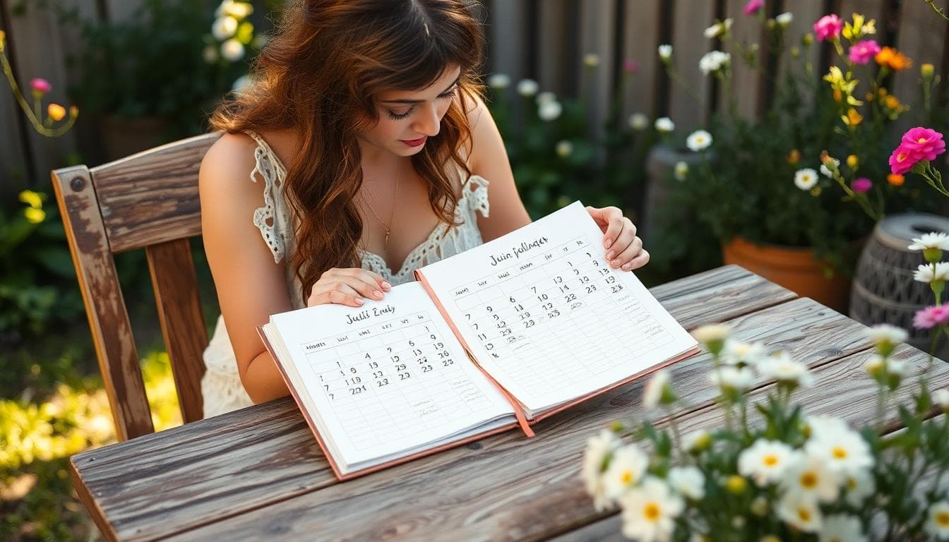 Mariée bohème planifiant son calendrier d’été à une table rustique dans un jardin, ambiance douce et naturelle