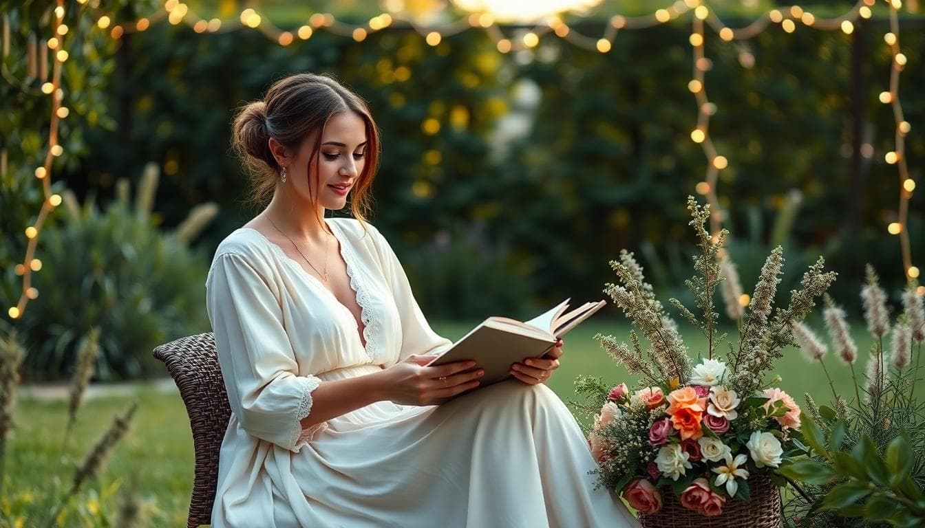 Mariée bohème planifiant ses économies de mariage dans un jardin, cahier et calculatrice, ambiance douce et naturelle