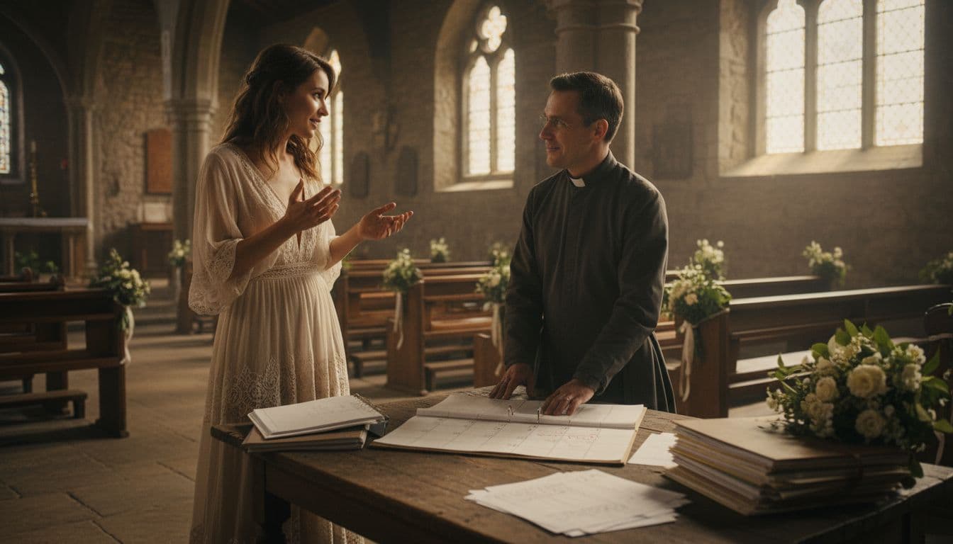 Future mariée en robe bohème fluide préparant la cérémonie dans une église rustique, lumière douce et ambiance sereine