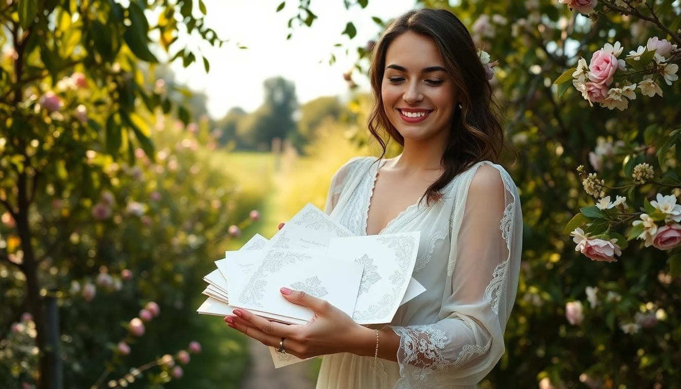 Une scène bohème de préparation d'envoi de faire-part de mariage dans un jardin français fleuri, avec une future mariée en robe légère tenant une pile d'invitations texturées aux motifs floraux délicats, entourée de fleurs sauvages, dentelle et éléments naturels comme des rubans et des enveloppes anciennes, lumière naturelle douce du matin filtrant à travers les arbres, ambiance sereine et joyeuse, style photographique réaliste avec détails fins sur les cartes pliées et l'expression paisible de la mariée, arrière-plan flou de verdure luxuriante et ciel clair, pas de texte visible dans l'image, composition centrée sur la mariée et les invitations.