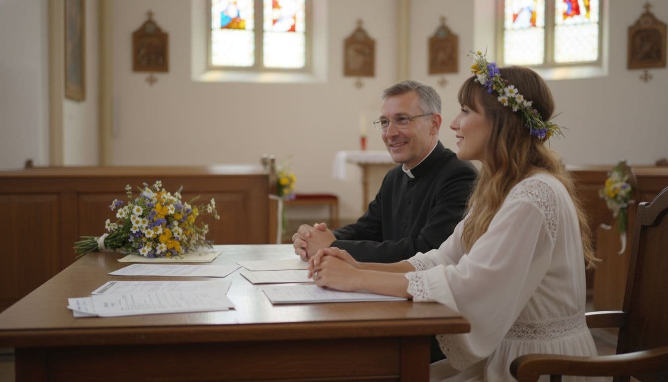 Future mariée en robe bohème discutant avec un prêtre, documents étalés dans une sacristie lumineuse