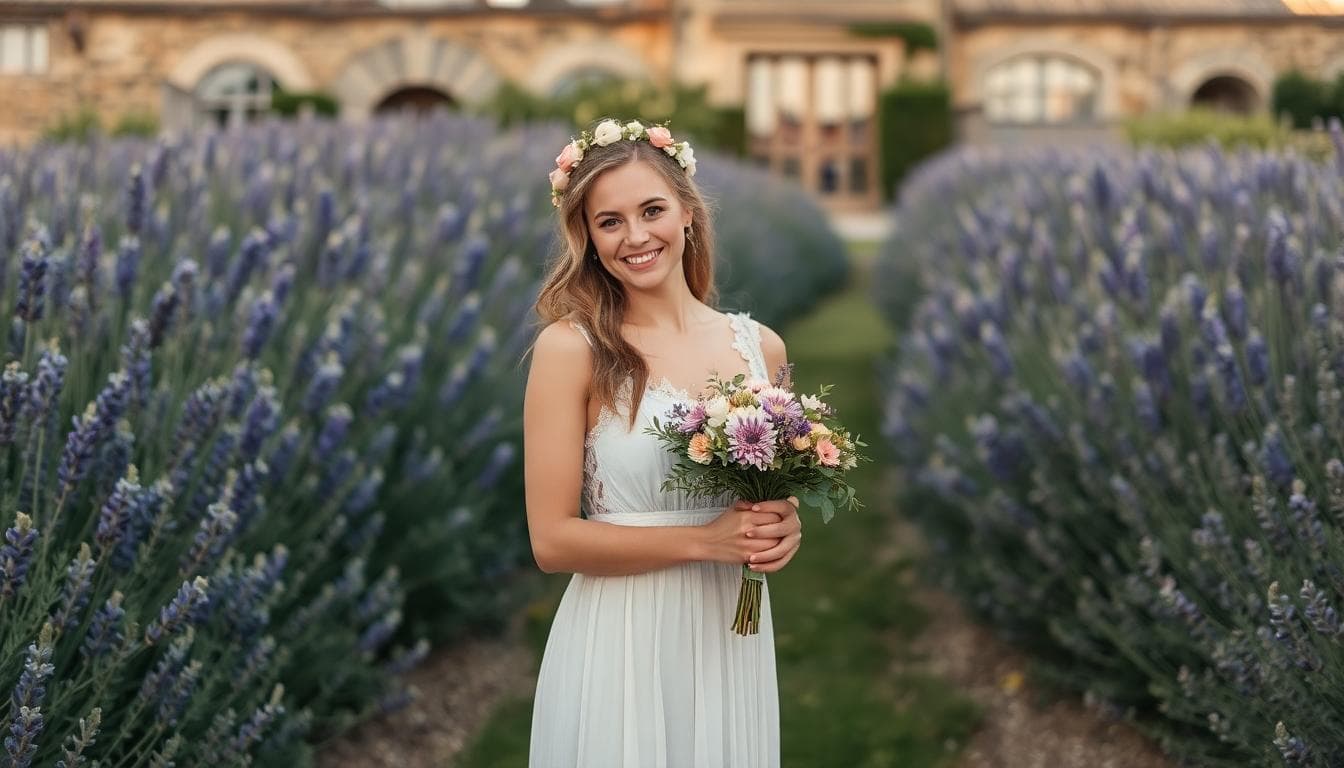 Future mariée bohème dans un jardin provençal, bouquet de fleurs sauvages, lumière dorée du soir