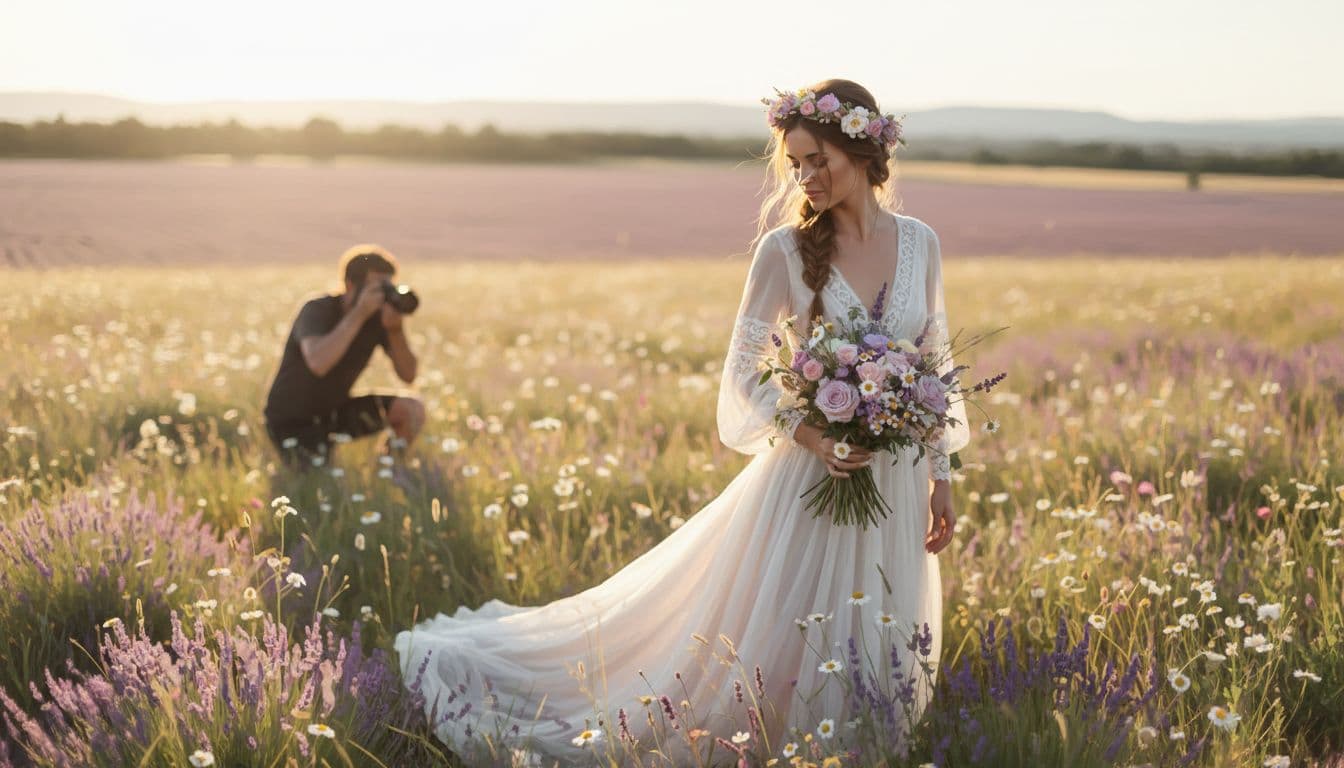 Mariée bohème au coucher du soleil, photographe en arrière-plan capturant la scène, ambiance naturelle et poétique