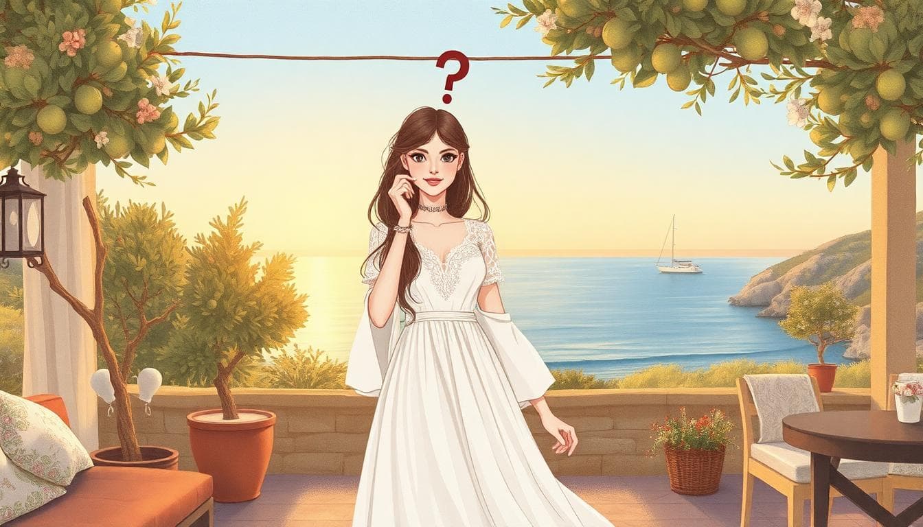 Illustration d’une mariée bohème en dentelle, décor corse champêtre avec oliviers et mer, ambiance intime