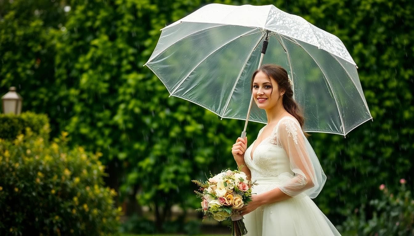 Mariée bohème sous une pluie légère avec parapluie transparent, jardin vert, reflets au sol et lumière douce.
