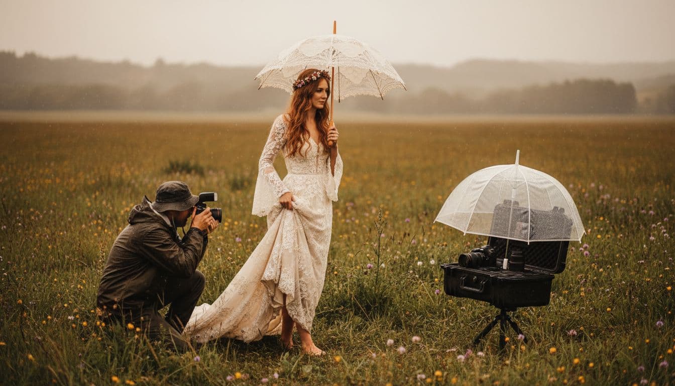 Mariée bohème sous la pluie avec parapluie, photographe équipé d’un kit de secours, ambiance champêtre